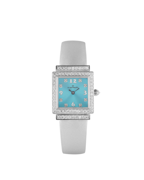 Alain Philippe Gaïa Court, round diamonds, white gold, turquoise dial
