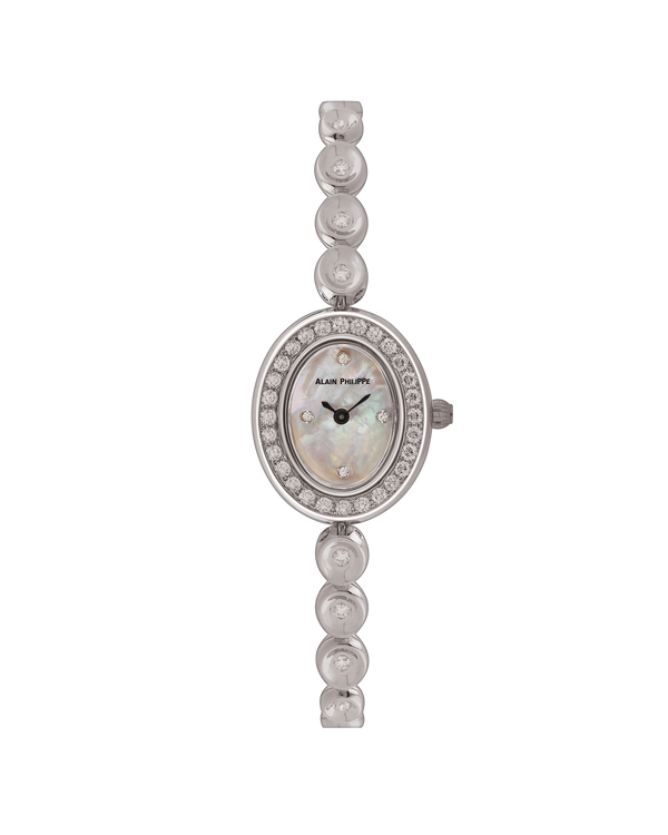 Alain Philippe Ovale, oval mother-of-pearl dial within a diamond bezel, bead-link bracelet, white gold