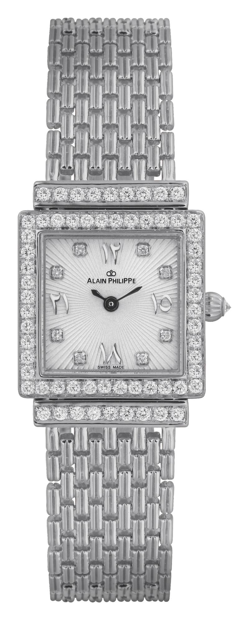 A square watch with a silvered sunray dial and a diamond bezel, on a woven white gold bracelet