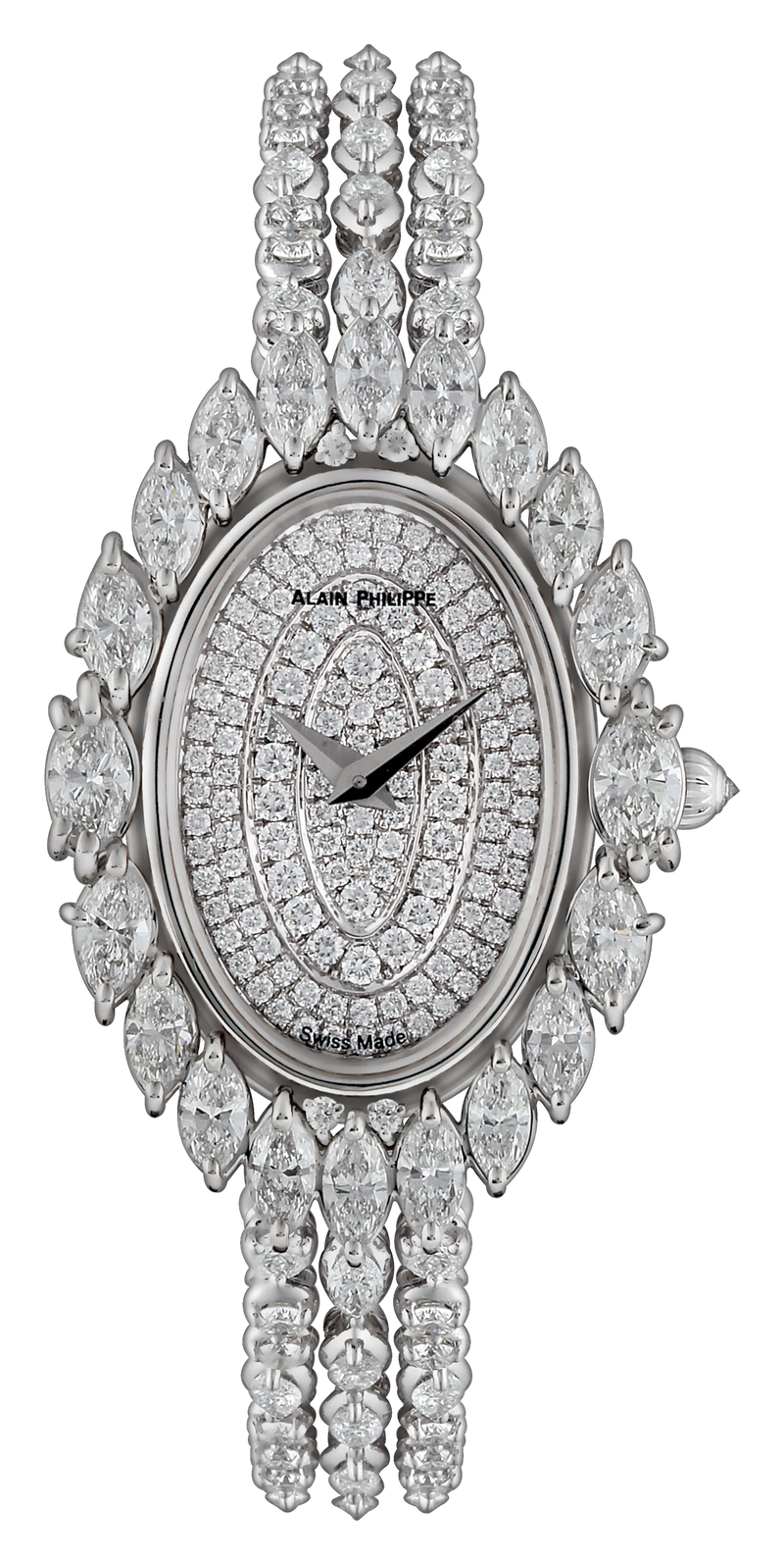 An oval white gold watch with a diamond dial, framed by marquise and pear-cut diamonds, on a diamond bracelet