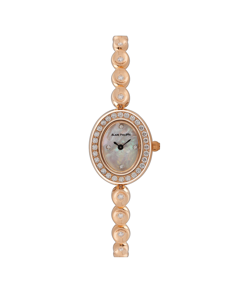 An oval watch with a mother-of-pearl dial and a diamond bezel, on a rose gold bracelet of diamond-set beads