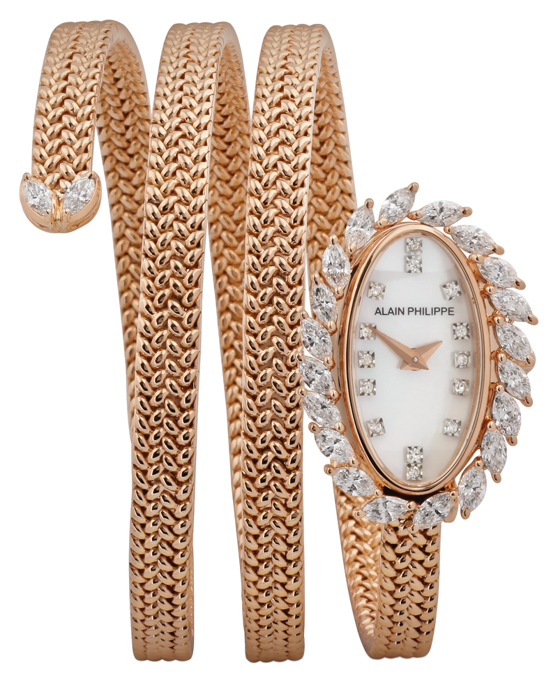 A rose gold watch with a white dial, framed by marquise diamonds, on a woven rose gold bangle that coils three times