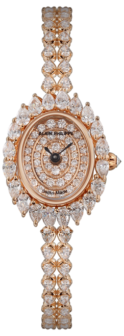 A rose gold watch with a diamond-paved oval dial within a bezel of pear-cut diamonds, on a full diamond bracelet