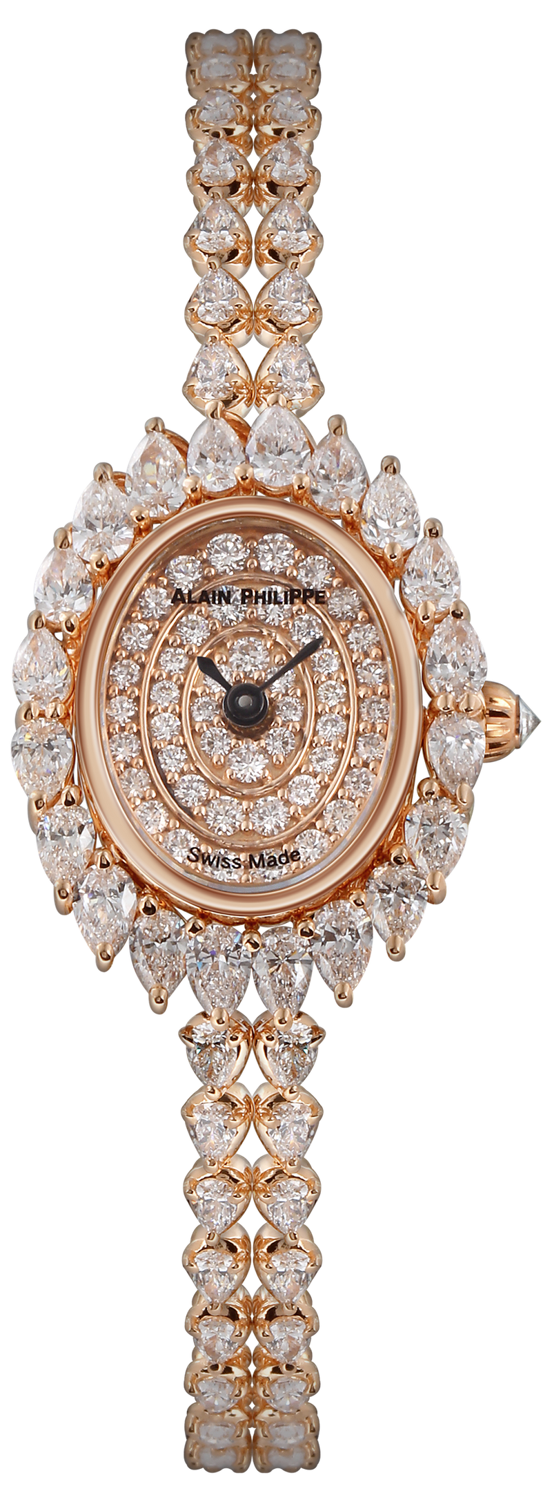 A rose gold watch with a diamond-paved oval dial within a bezel of pear-cut diamonds, on a full diamond bracelet