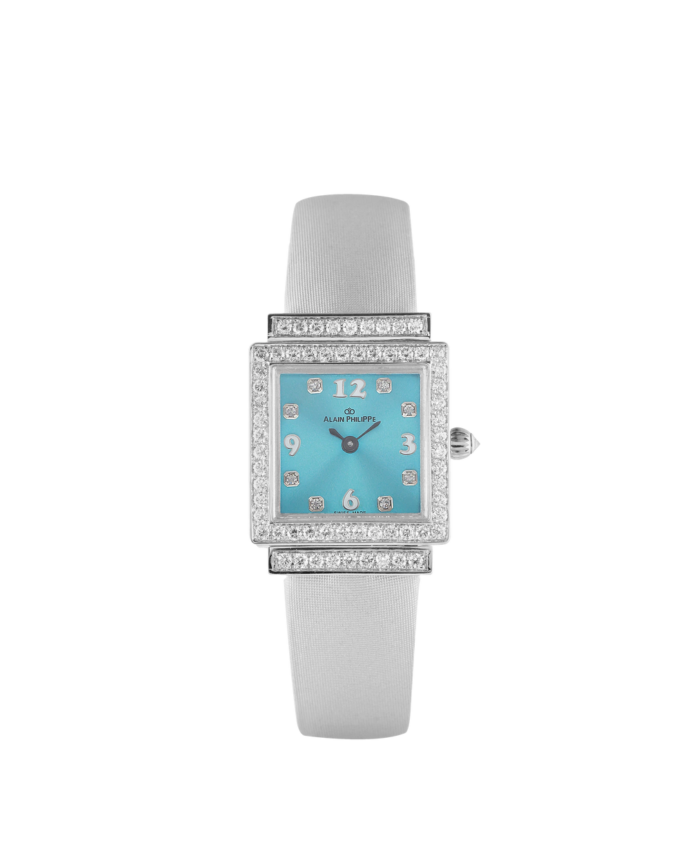 Alain Philippe Gaïa Court, round diamonds, white gold, turquoise dial