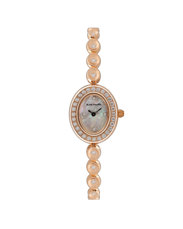 Alain Philippe Ovale, oval mother-of-pearl dial within a diamond bezel, bead-link bracelet, rose gold