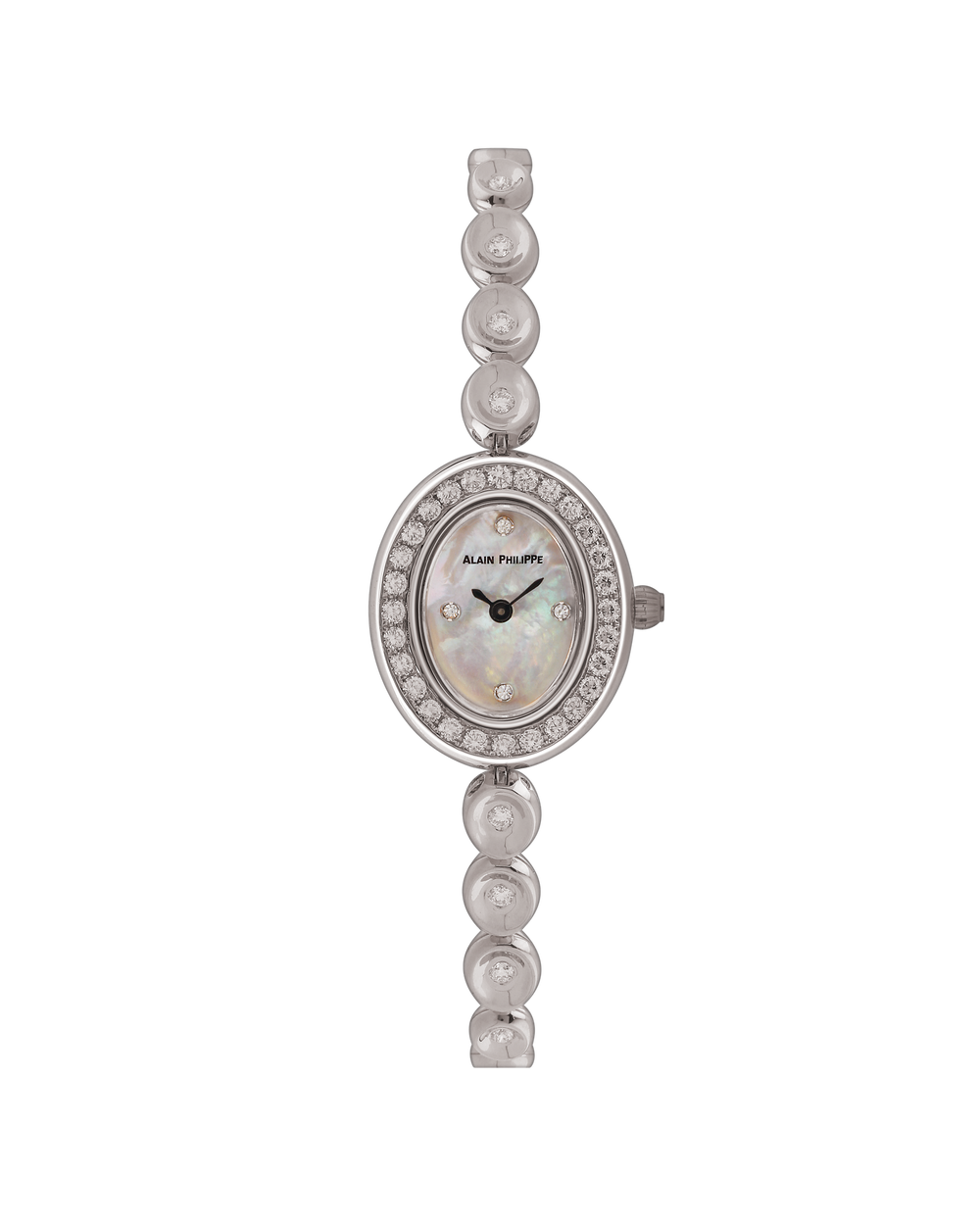 Alain Philippe Ovale, oval mother-of-pearl dial within a diamond bezel, bead-link bracelet, white gold