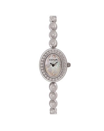 Alain Philippe Ovale, oval mother-of-pearl dial within a diamond bezel, bead-link bracelet, white gold