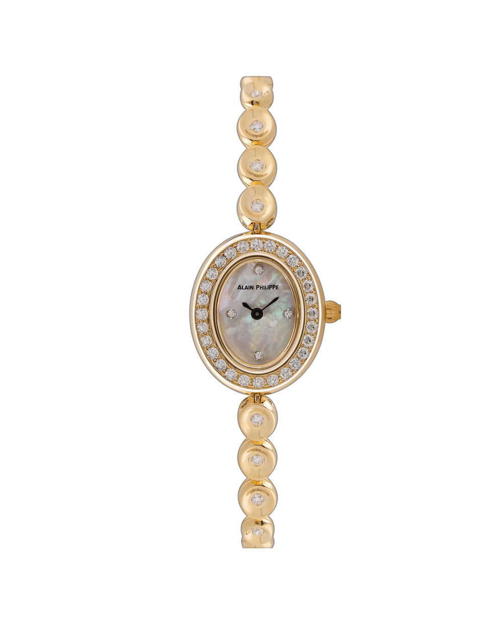 Alain Philippe Ovale, oval mother-of-pearl dial within a diamond bezel, bead-link bracelet, yellow gold
