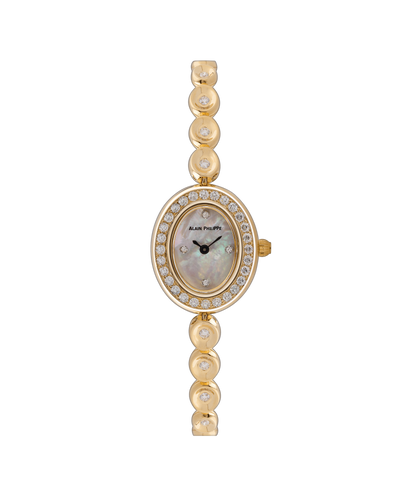 Alain Philippe Ovale, oval mother-of-pearl dial within a diamond bezel, bead-link bracelet, yellow gold
