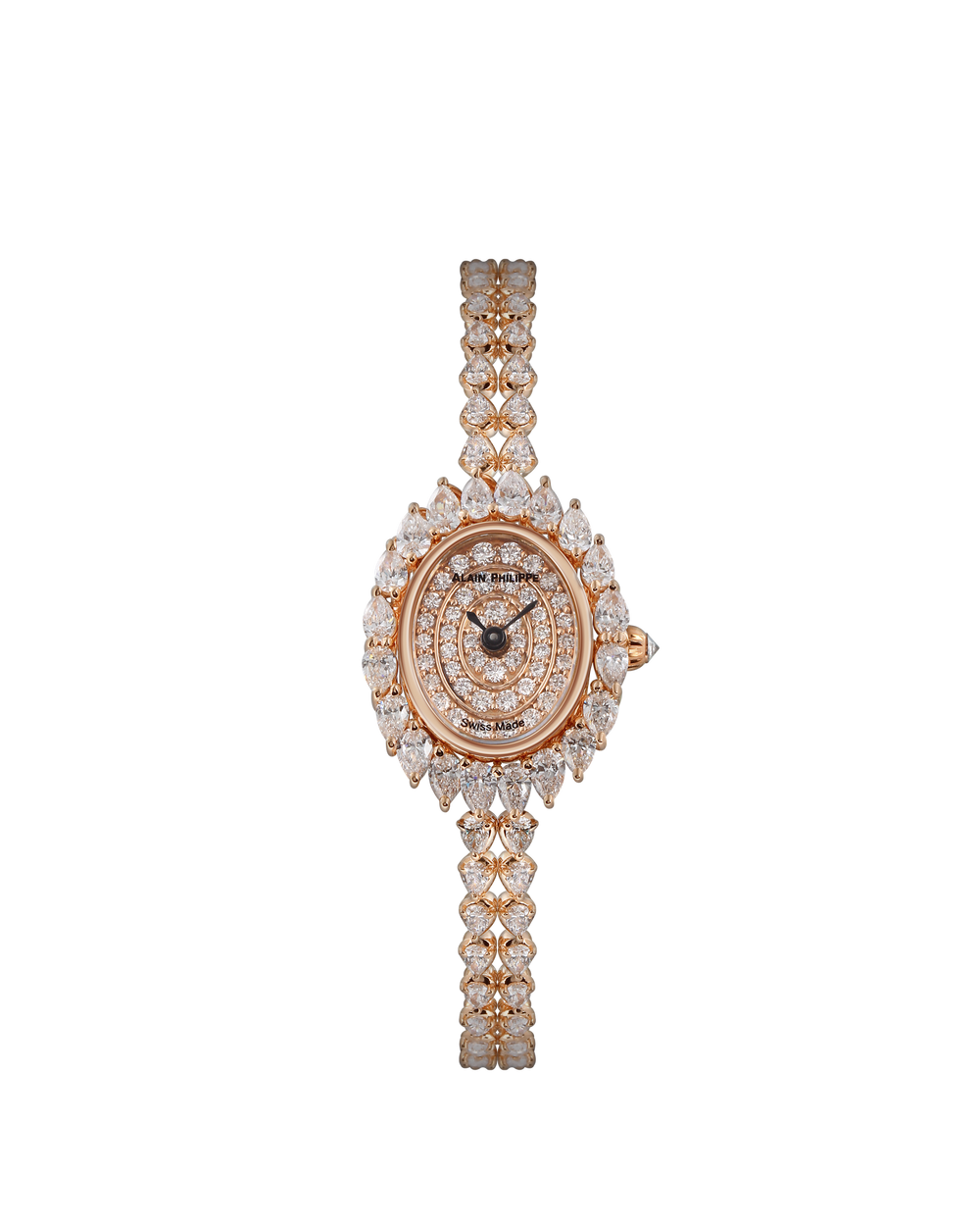 Alain Philippe Sparkle SP.01 in 18kt rose gold, oval case with pear-cut diamond bezel on a diamond bracelet