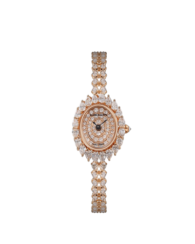 Alain Philippe Sparkle SP.01 in 18kt rose gold, oval case with pear-cut diamond bezel on a diamond bracelet