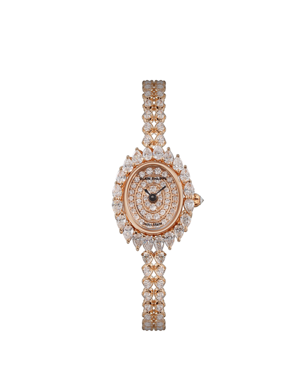 Alain Philippe Sparkle SP.01 in 18kt rose gold, oval case with pear-cut diamond bezel on a diamond bracelet