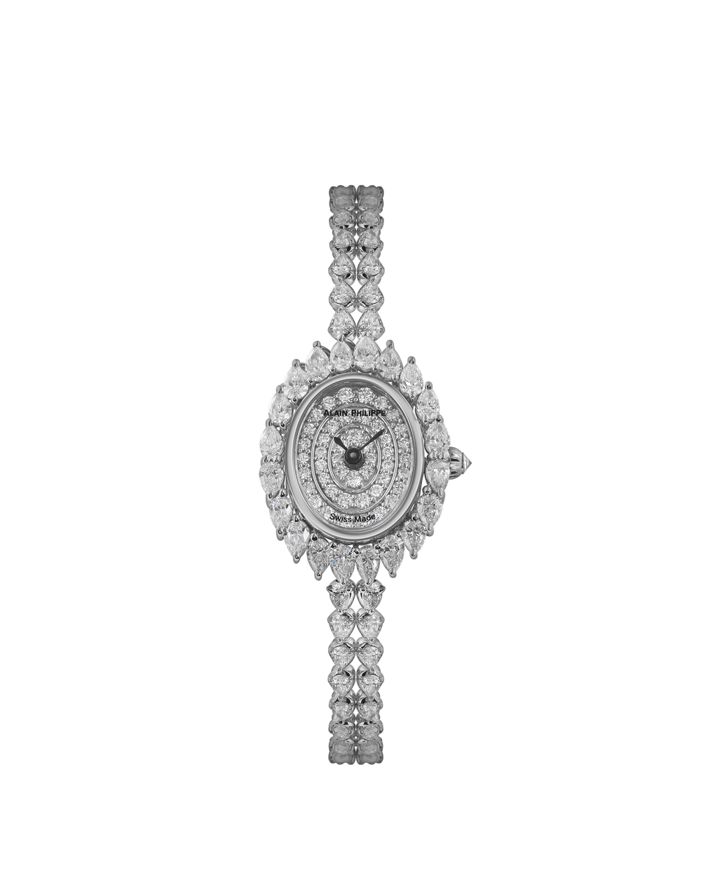 Alain Philippe Sparkle SP.02 in 18kt white gold, oval case with pear-cut diamond bezel on a diamond bracelet