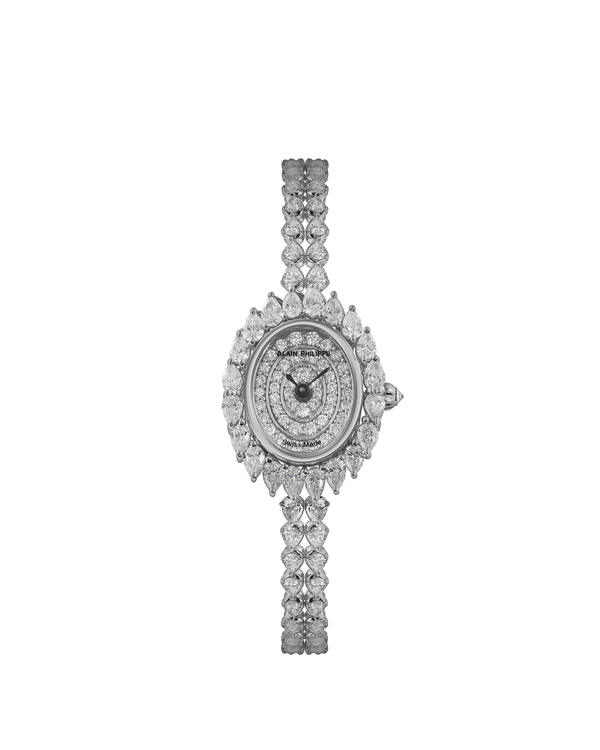 Alain Philippe Sparkle SP.02 in 18kt white gold, oval case with pear-cut diamond bezel on a diamond bracelet