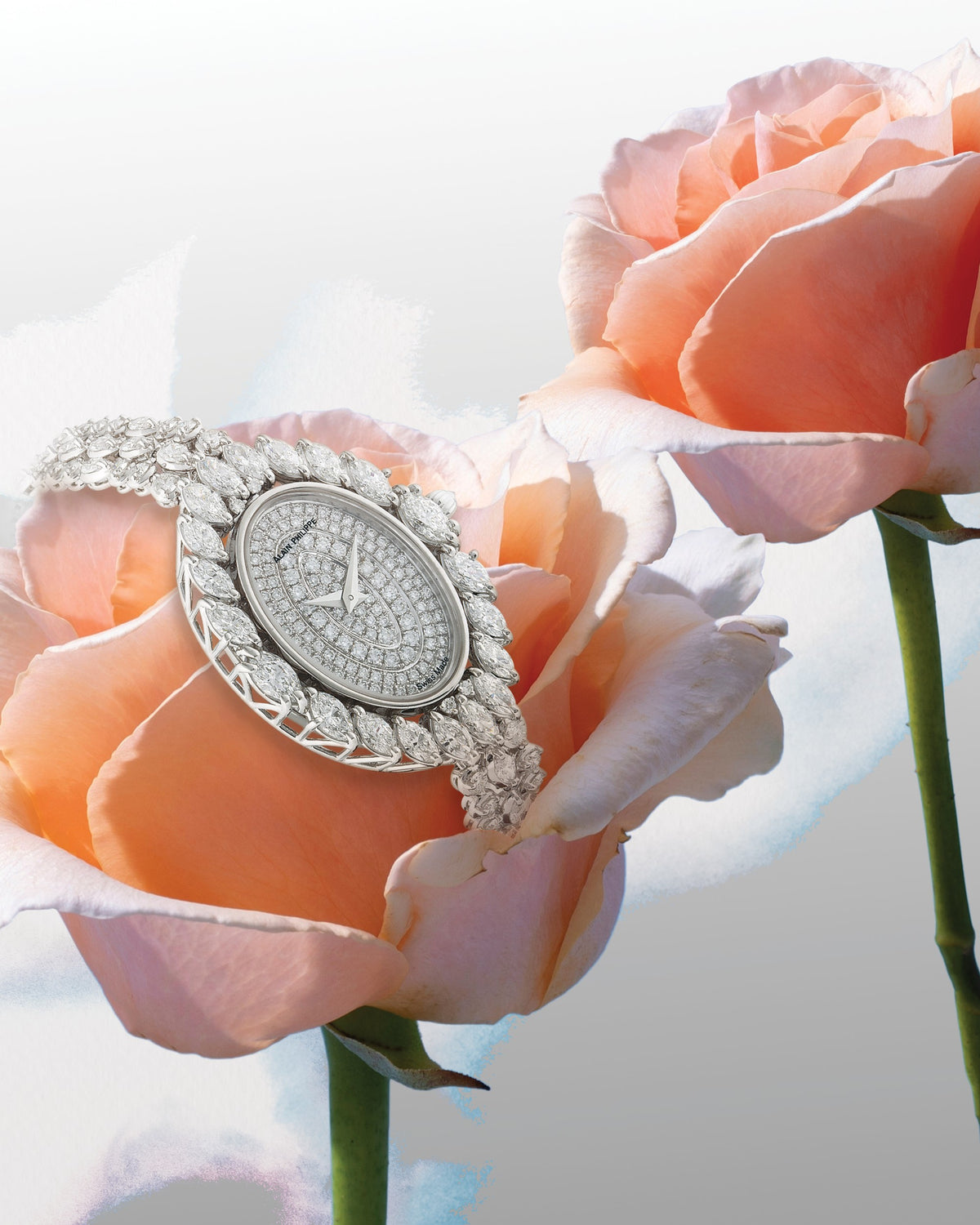 An oval diamond watch resting in a peach rose.