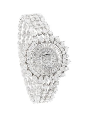 Diamond watch with white round, baguette and pear shaped diamonds